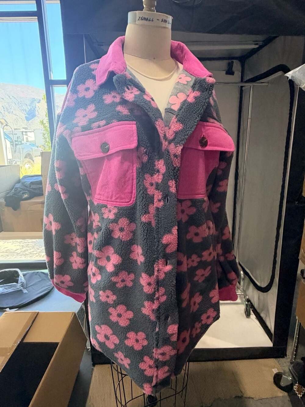 Fleece Flower Sherpa Jacket Size L Pink Gray Floral